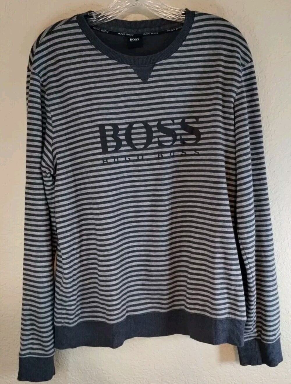 Hugo Boss Mens Pullover Navy Gray Striped Jumper Spellout Sweater Large **